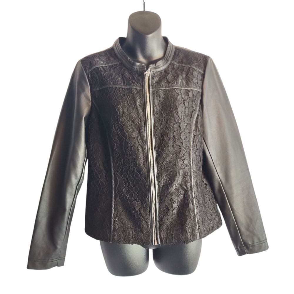 Christopher & Banks Womens Black Faux Leather Lace Trimmed ZIP Up Size Small
